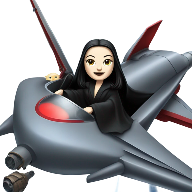 Jedi teen Morticia Addams flying a red and blue Zephyr-J powered by an imperial speeder emoji