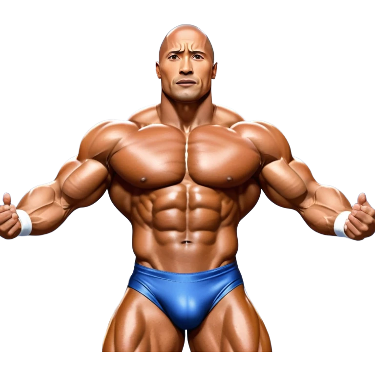 Dwayne Johnson, covered in oil, on stage at a Mr. Universe bodybuilding competition, striking a 'Side Triceps' pose. His defined muscles gleam under the bright lights, with the audience and judges in the background, capturing the intense focus and strength of the moment. Transparent background. emoji