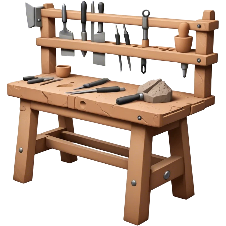 Cinematic Realistic image of a workbench set with a lump of pliable clay and artisanal sculpting tools, rendered with finely detailed textures that reveal subtle clay particles and well-worn tool surfaces, bathed in warm, focused studio lighting emoji