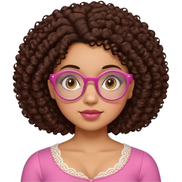 medium-light kinned afro-latina girl with medium length chocolate brown side part curly hair, brown eyes, pink sweetheart necklined top with lace, round wide-ish nose, chubby oblong shaped face, brown glasses emoji