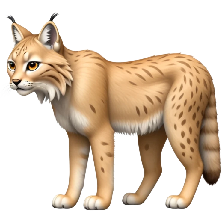 Cinematic-Lynx-Realistic-Full-Body-Standing on all fours-Emoji – head tilted dramatically, fur with faint spotting, long legs and large paws poised elegantly, simplified yet realistic focused features, highly detailed, glowing with an almost sarcastic glow zoomed out showing fluffy shoulders emoji