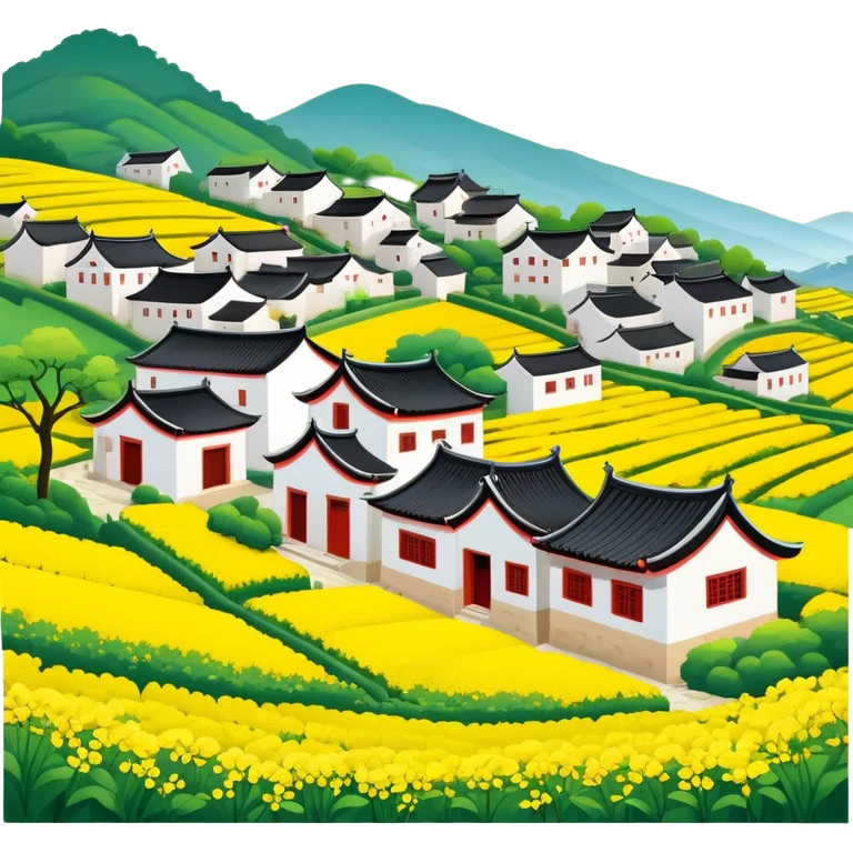 Wuyuan countryside spring flowers and traditional houses Jiangxi, simplified emoji style with bold outlines and bright colors, cartoon style rural village with yellow rapeseed flowers emoji