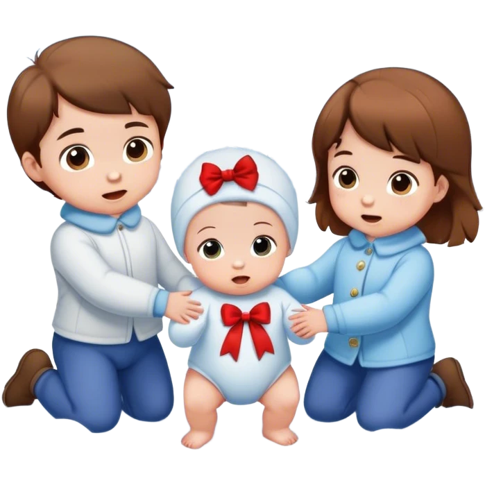 two white baby boys with brown hair and a white baby girl with brown hair and a bow sitting together in the snow emoji