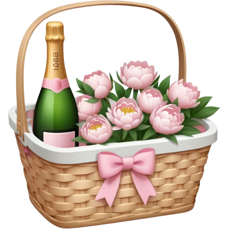 White Picnic basket with light pink bow and white peonies and one pink champage bottle inside emoji