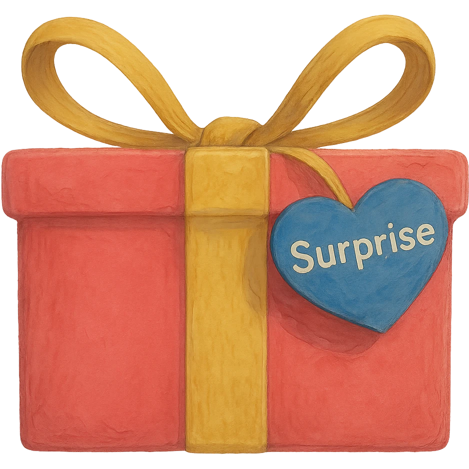 Recreate the blue heart-tagged pink gift in a ghibli style, with the name 'Surprise' on the tag, no background. emoji