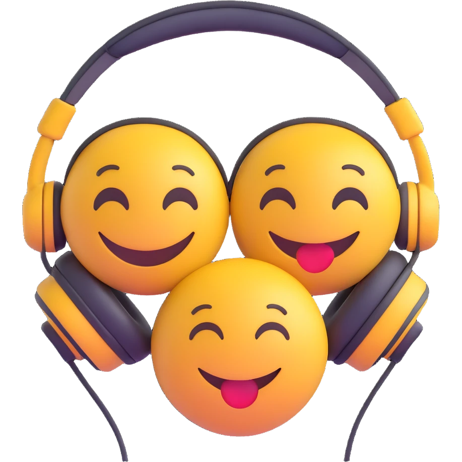 3D smiley emoji, round shape, in love: loving smiley couple with shared headphones emoji