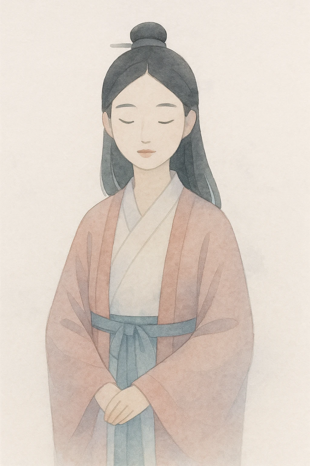 Chinese girl, traditional hanfu dress, serene expression, soft background, watercolor art style emoji
