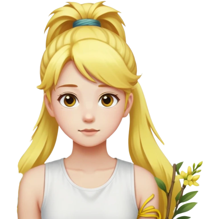 A girl with a high ponytail, a yellow hair tie, and a sleeveless white top, surrounded by blooming forsythias. emoji
