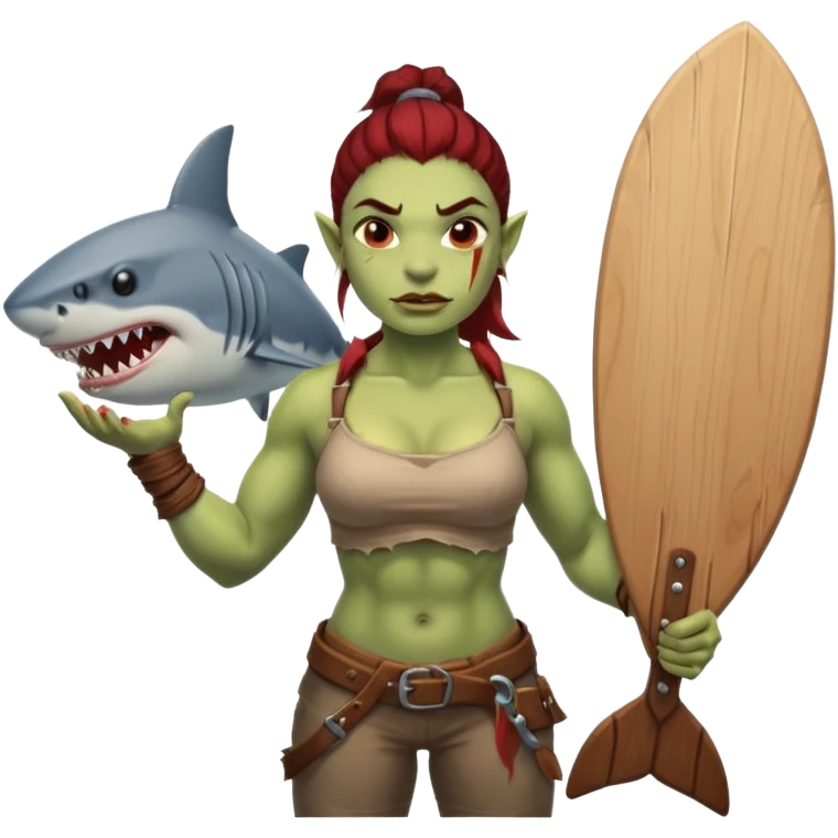 orc female holds a board with a shark painted vertically in his hands emoji
