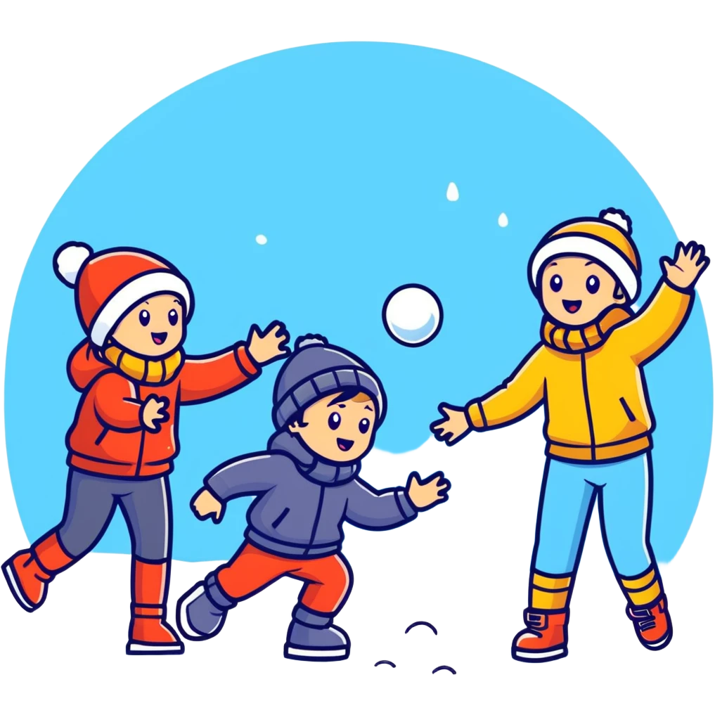 kids playing a snowball fight outdoors, energetic, winter clothing emoji