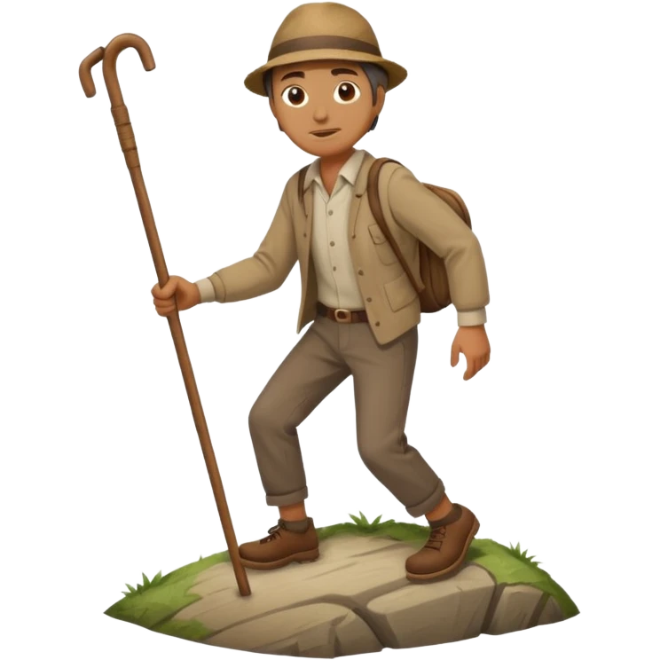 Man in simple clothes Climbing up a hill with a wooden cane emoji