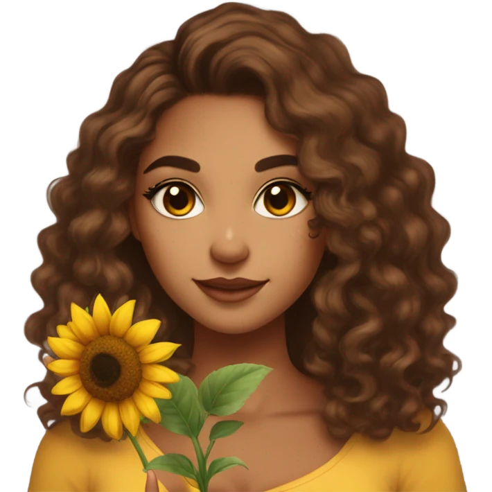 Pretty tan skin Latina with long brown curly hair . Very pretty cat eye makeup . Shes holding a sunflower in her hand  emoji