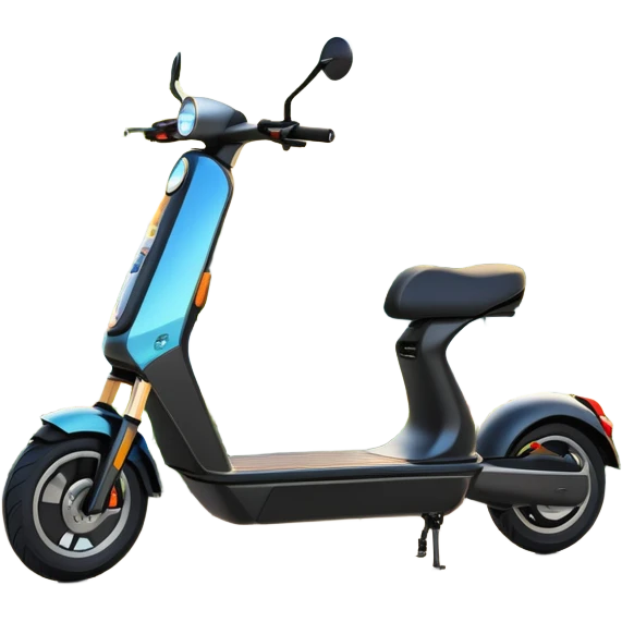 An icon featuring a sleek electric scooter parked on a scenic path. The background showcases a vibrant city park with green trees, flowers, and a clear blue sky. The sun sets in the distance, casting a warm golden glow on the landscape. Transparent background highlights the modern design of the scooter emoji