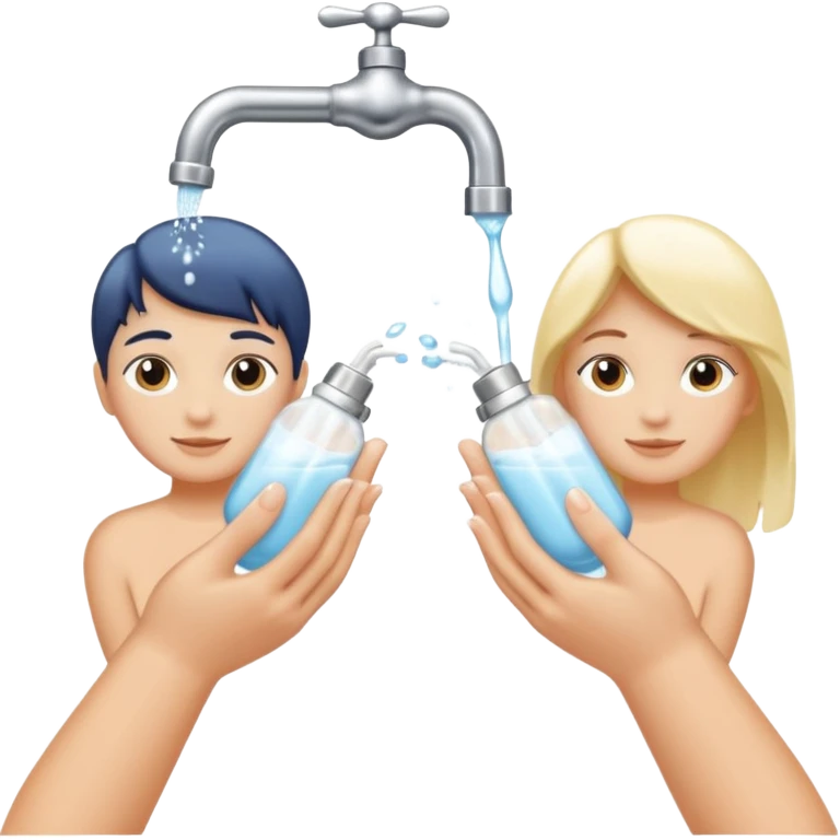 Deux mains sous un robinet avec des gouttes d'eau et du savon emoji