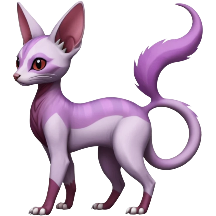 Purple, white, black, Minccino-Sphynx-Lykoi-Linoone-Zangoose-fusion-hybrid-animal-Fakémon-creature, full body, thin long sleek scaly tail, intricate markings emoji