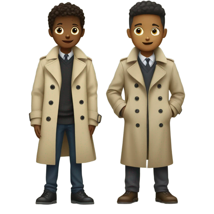 2 kids in a trench coat talkings to 2 trench coats in a kid emoji