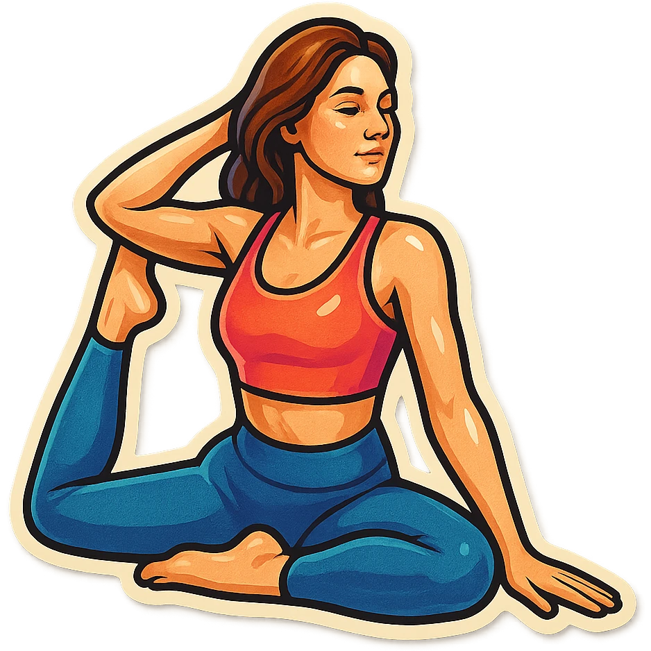 beautiful woman in a top and leggings performing pigeon pose (Eka Pada Rajakapotasana), retro stickers style, detailed appearance, detailed facial features, shadows and highlights, clean contours, soft lighting, transparent background emoji