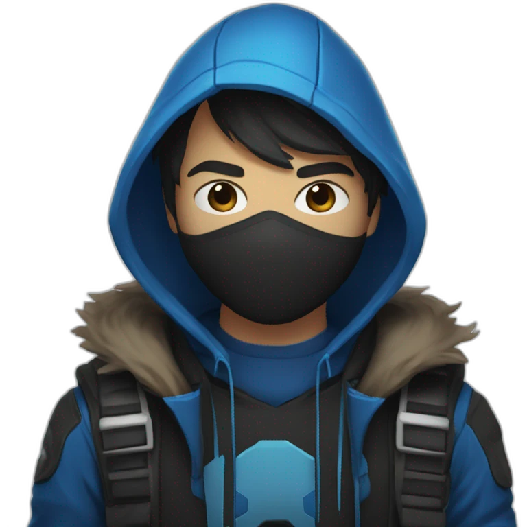 Boy brown developer left side behind his laptop with this style: Valorant Riot Game blue character blue black hooded hacker  emoji