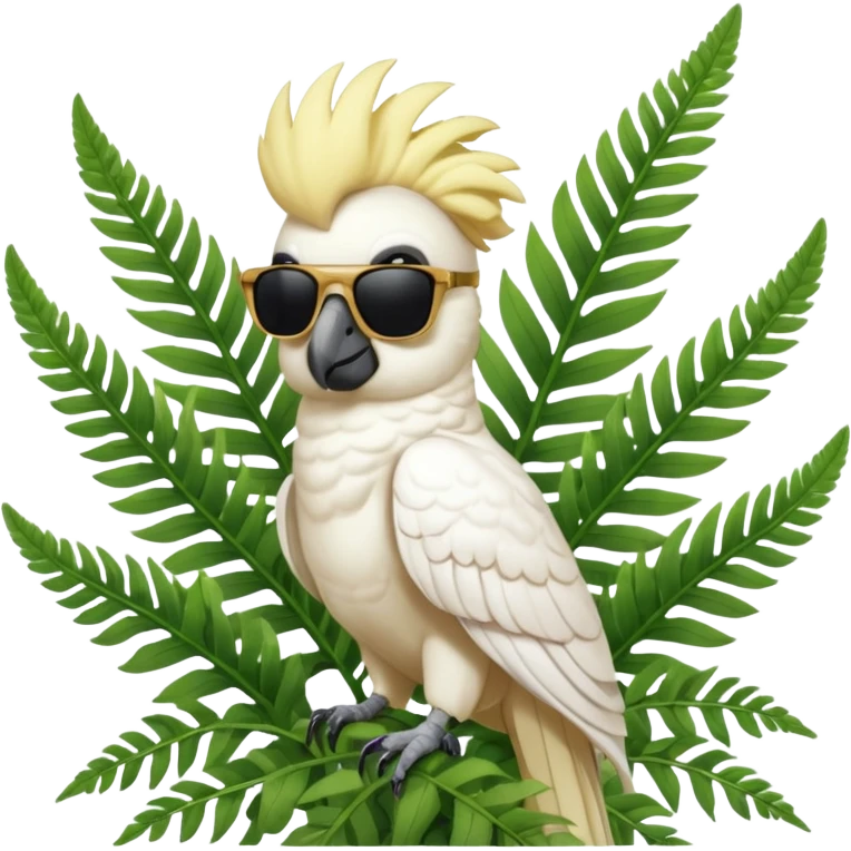 sulfer crested cockatoo wearing sunglasses sitting in a green fern tree with an australian street sign sitting infront of it saying welcome to cockatoo emoji