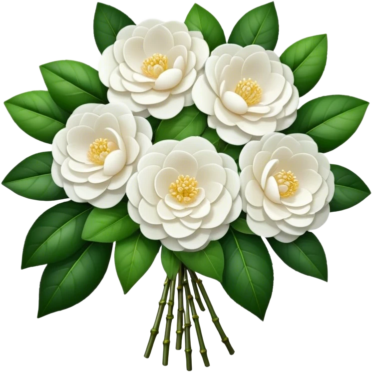 big bouquet White Camellia Japonica, luxuriant, stem, leaf emoji