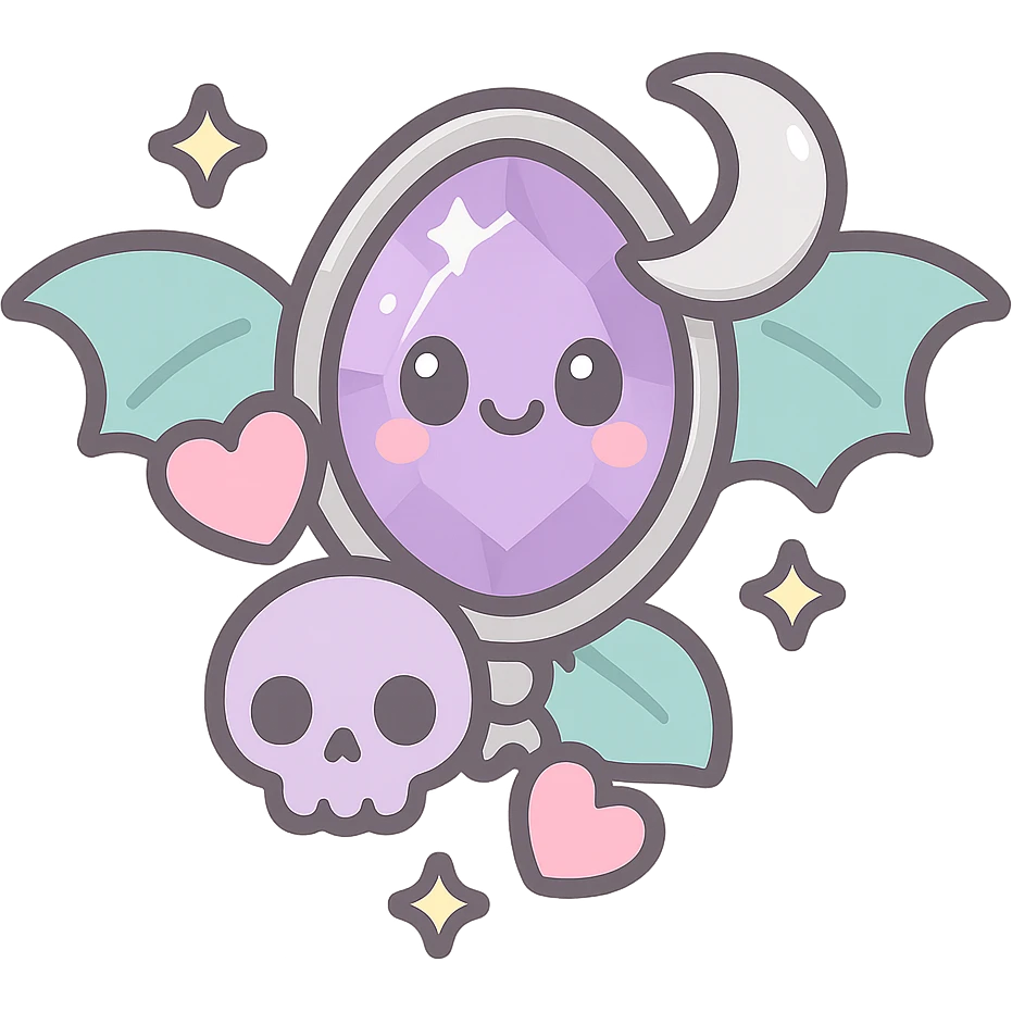 jeweled brooch in pastel goth style, pastel colors, silver, sparkling gem, cute gothic motifs emoji