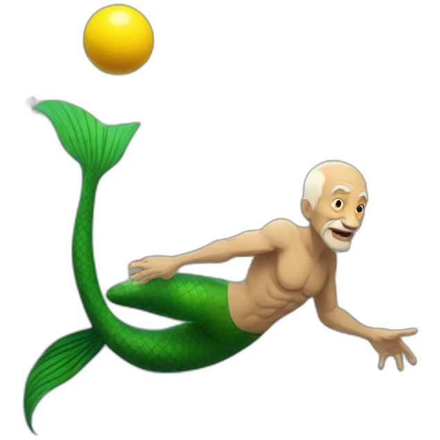 Underwater strong old man mermaid swimming, bold with no hair, holding a small yellow ball, winning enthousiasm emoji