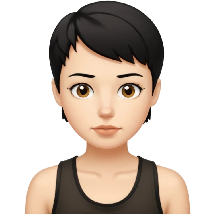 a white woman with short tomboy black hair with mole on top of her lip wearing men's black tank top emoji