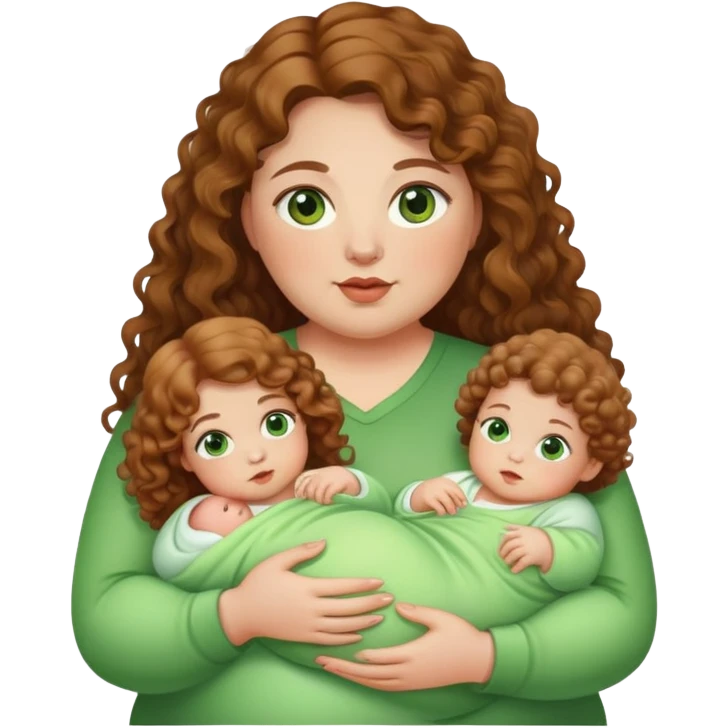 Fat women with 2 babies with brown eyes and green eyes and light brown curly long hair  emoji