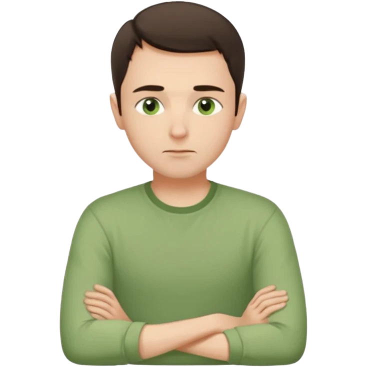Gentle man, European facial features, short dark brown hair, green eyes, light green shirt. Seated calmly, gazing thoughtfully. Soft light, subtle fern. Waist-up, profile. emoji