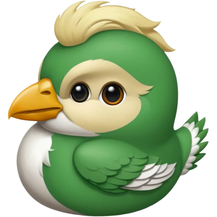 un oiseau classique de profil tout vert même sa tête  et un seul poil blond qui fait une petite bouclette sur le front avec le collier argenté avec des ronds attachés au collier est autour du coup de l’oiseau entre la tête et le corps emoji