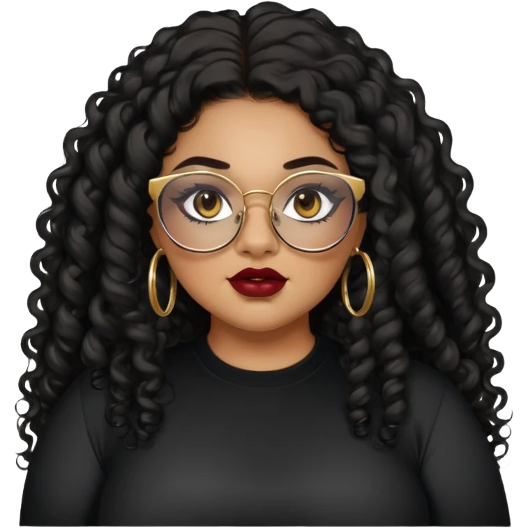 teen big plus size, latina, darker tan skin, gold hoops, long black curly hair, baddie,pretty, makeup, dark red lipgloss, black eyeliner, long hair, black shirt, BLACK glasses emoji