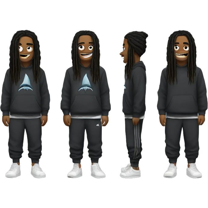 shark with adida slides and black sweatpants and with dreadheads emoji