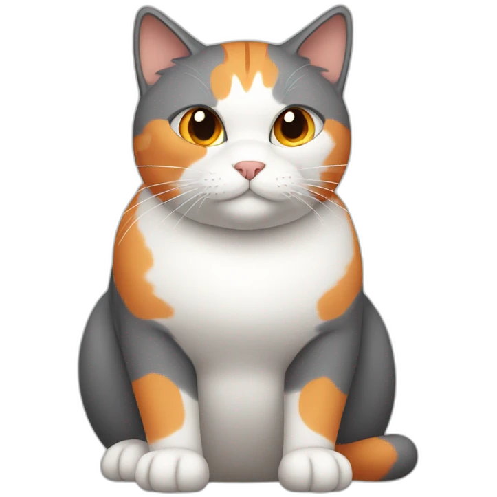 darkgray, white, and orange cat with a fat belly emoji