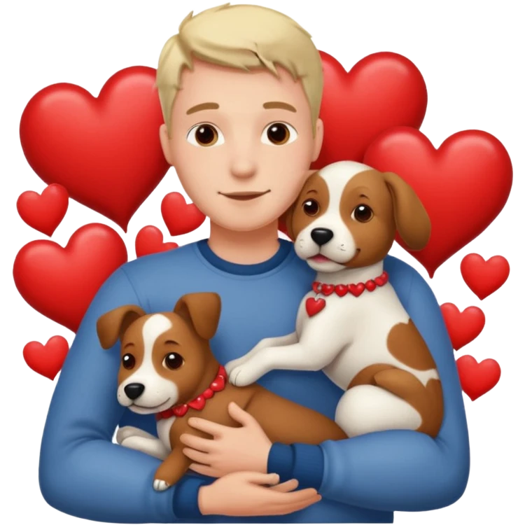a man hugging a dog with hearts emoji