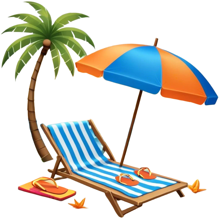 Icon for Beach Tourism: with the blue ocean, orange sunset sun and palm trees in the background, a sun umbrella, flip-flops, and a beach towel on the sand. The icon should represent relaxation and fun at the beach. Transparent background. emoji