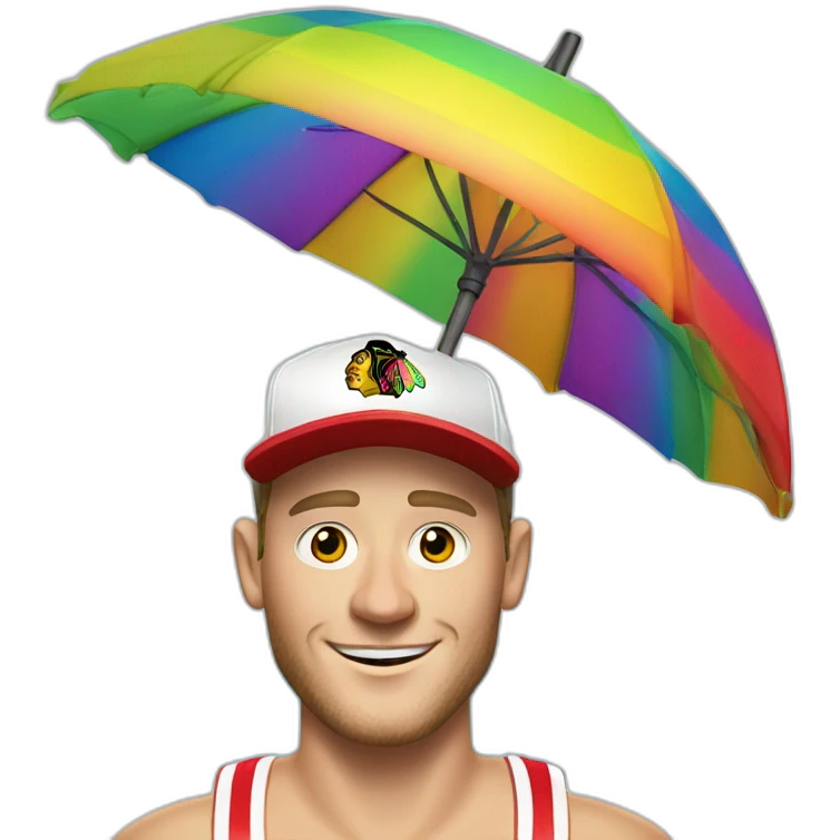 Jonathan Toews as beach bum under rainbow umbrella emoji