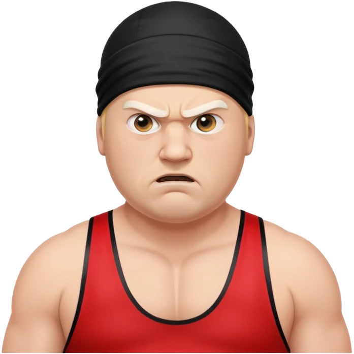 Close-up of white skin fat guy no muscle with prominent black durag, completely shaved face, no beard or mustache, black eyes in a red and black wrestling singlet with angry face emoji