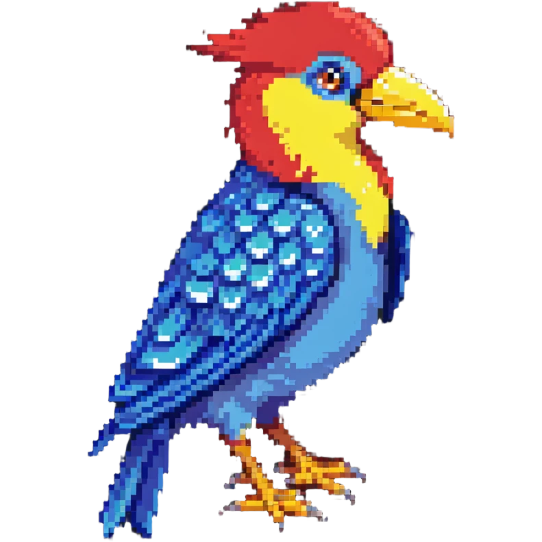 Bird with a red head, blue body, and a yellow beak emoji