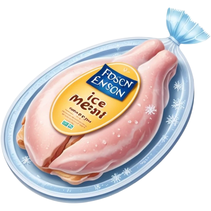 A pack of frozen chicken breasts sealed in transparent plastic packaging, covered with frost and ice crystals. The meat looks pale pink with a slight icy glaze, sitting in a freezer with cool blue lighting. Realistic detail, cold atmosphere, food photography style. emoji