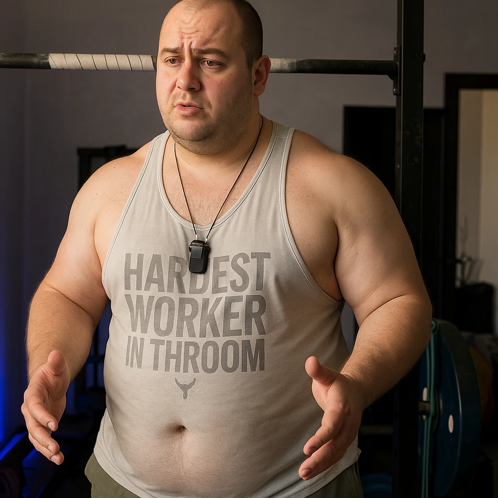 Create a realistic version of the man in the reference photo with well-developed muscles but fat accumulation on the abdomen and hips, maintaining the original pose. emoji