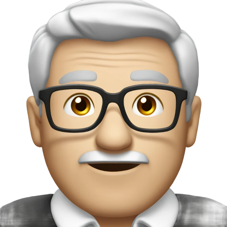 old english man, with glasses, grey hair, no moustache. wearing a white smart polo shirt with black buttons. emoji