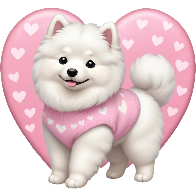 Samoyed in a pastel sweater with hearts is walking emoji