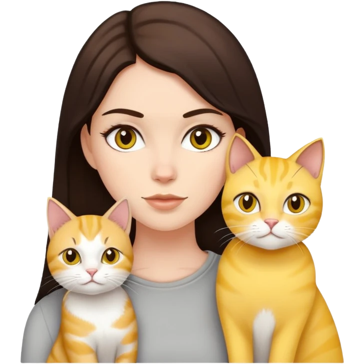 white girl wirh dark brown hair with 2 yellow cats and one light grey cat emoji