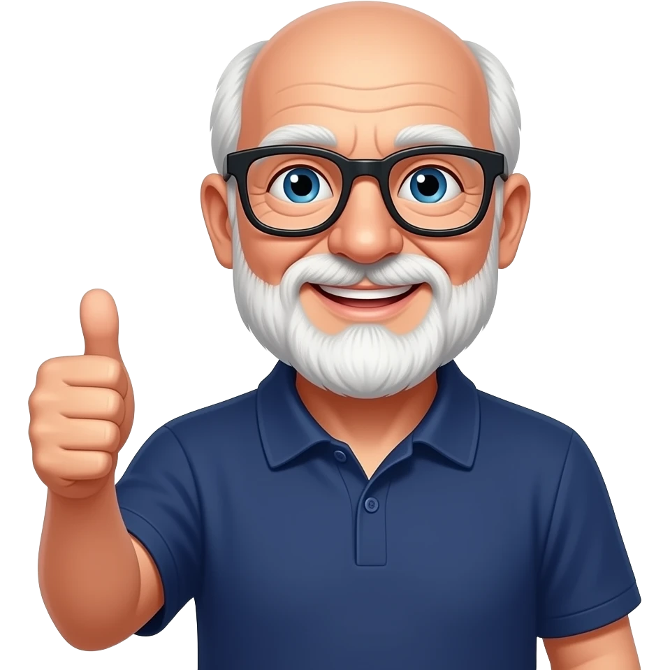 old bald man with white beard, blue eyes, black glasses, thumbs up, navy blue polo shirt, smiling emoji