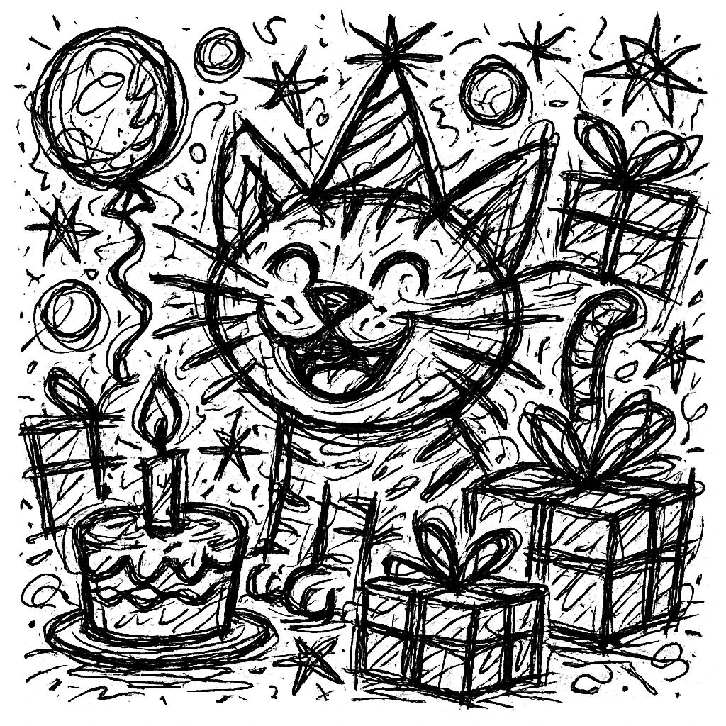 Add more gifts around the kitten, keeping the chaotic outlined style and all original elements intact emoji