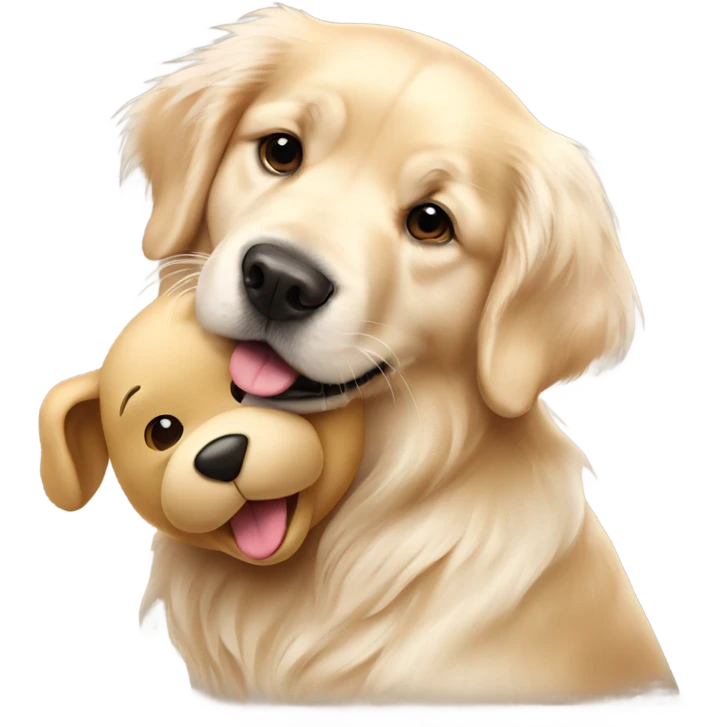 English cream golden retriever holding teddy bear emoji