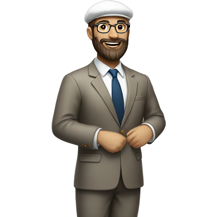 man, long brown beard, white skin, suit, standing and smile (full-body "slim"), beret hat, glasses emoji