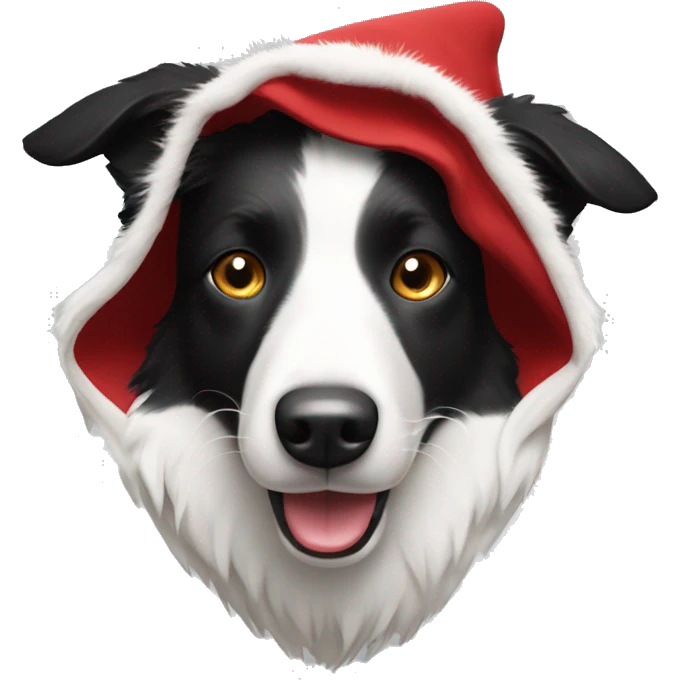 Black and white Border Collie wearing a red velvet hood with white fur trim. emoji