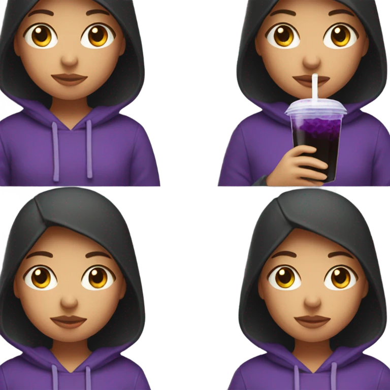 Girl wearing black hoodie drinking purple boba emoji