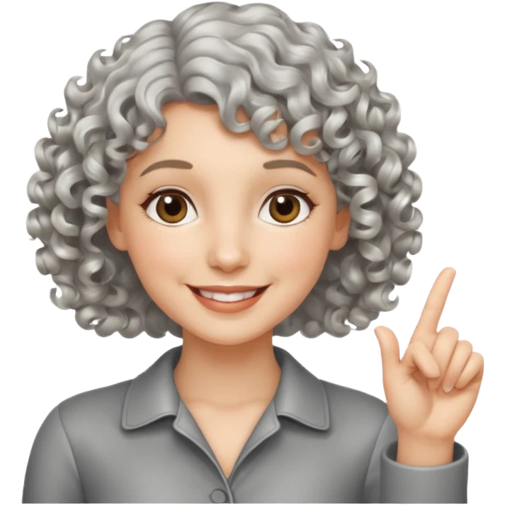 silver, short, wavy-haired with curls, smiling pretty lady, hopeful,  2 fingers up


 emoji